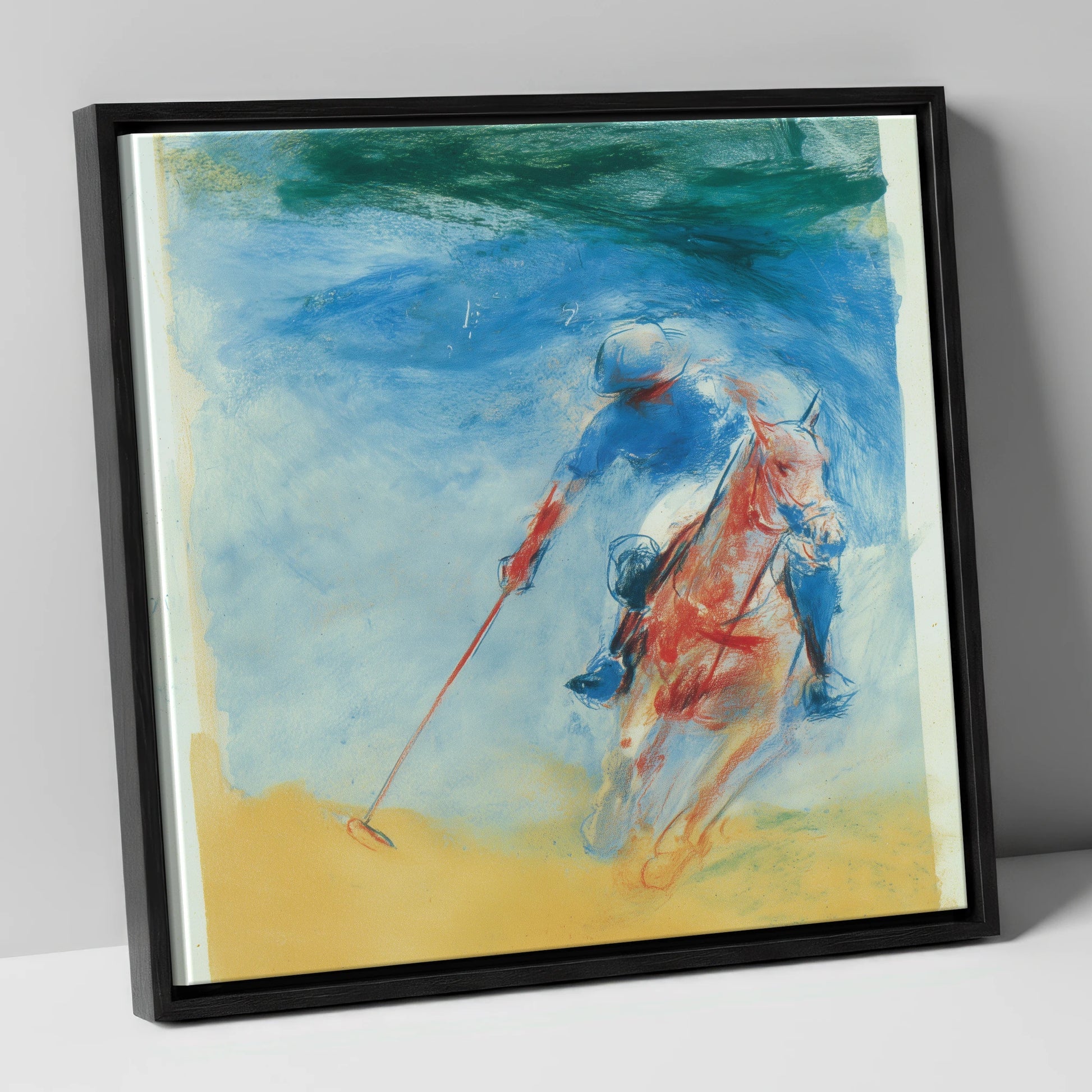 Velocity in Cerulean polo horse canvas wall art in black frame