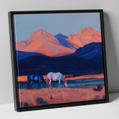 Dusk Mountain Pasture horse landscape canvas wall art in black frame
