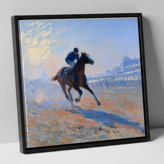 Luminous Morning Gallop racing horse canvas wall art in black frame