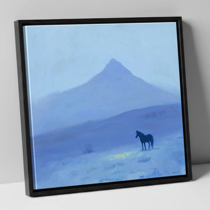 Azure Mountain Solitude horse landscape canvas wall art in black frame