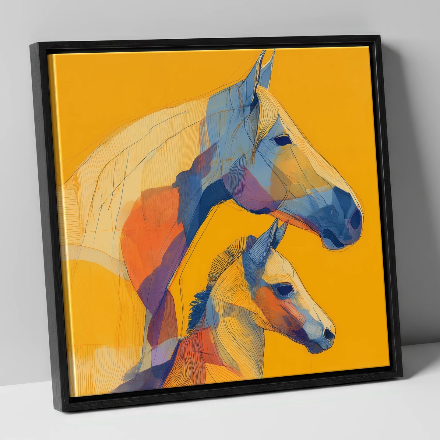 Golden Lineage mare & foal canvas wall art in black frame