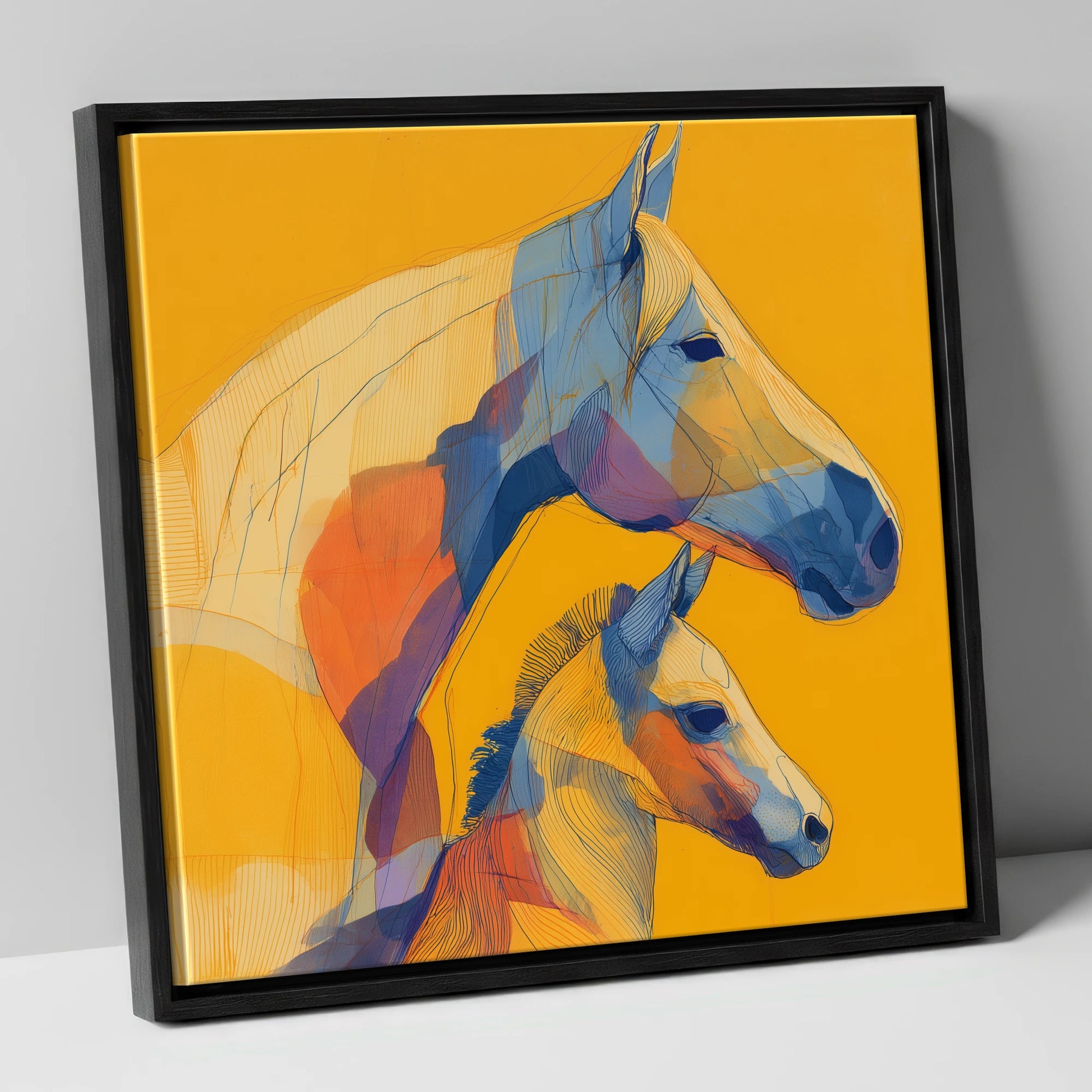 Golden Lineage mare & foal canvas wall art in black frame