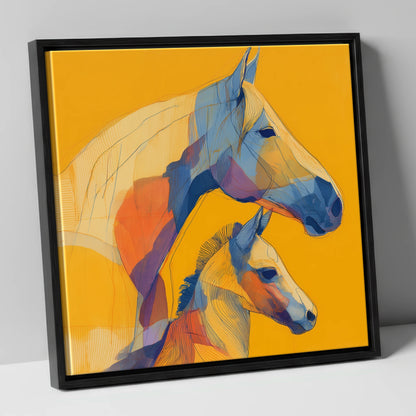 Golden Lineage mare & foal canvas wall art in black frame