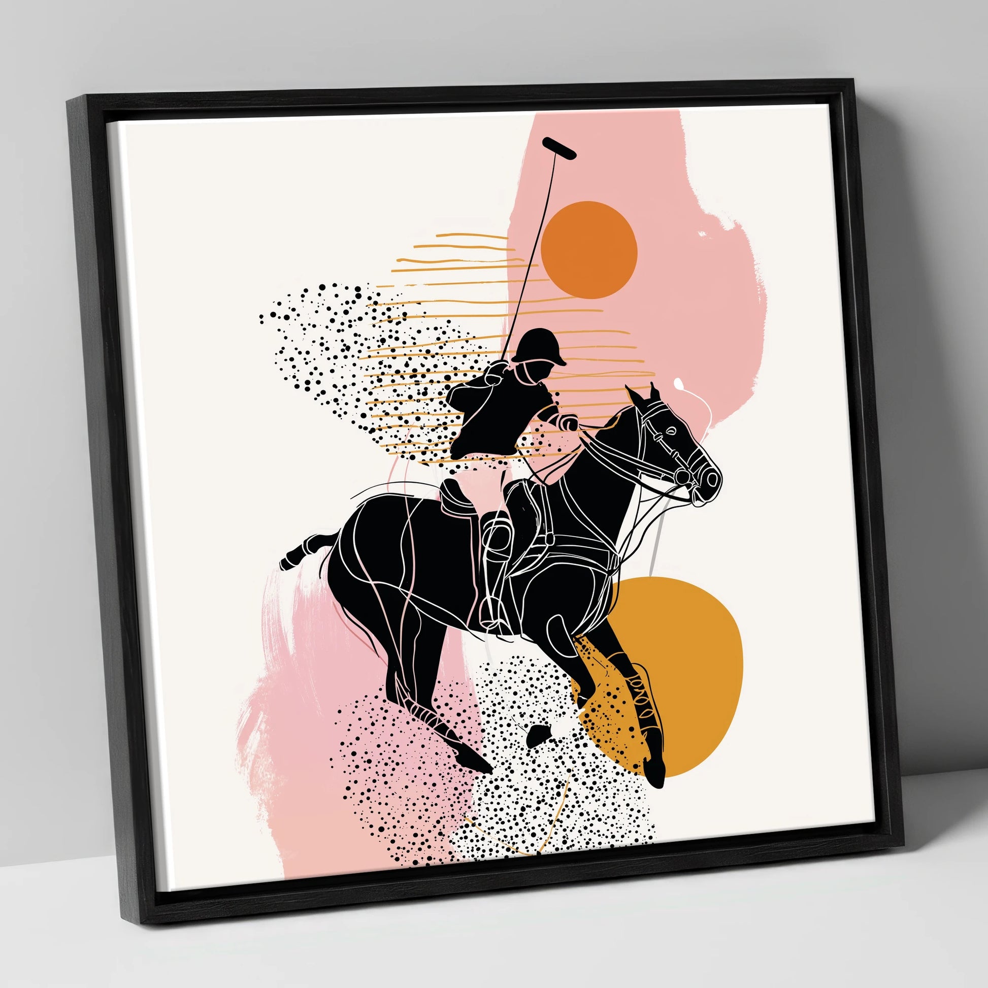 Modern Polo Strike polo horse canvas wall art in black frame