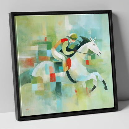 Modern Turf Mosaic racing horse canvas wall art in black frame