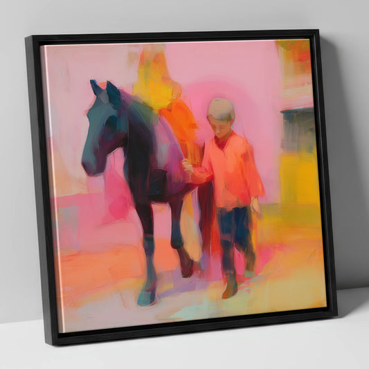 Radiant Companions horse & rider canvas wall art in black frame