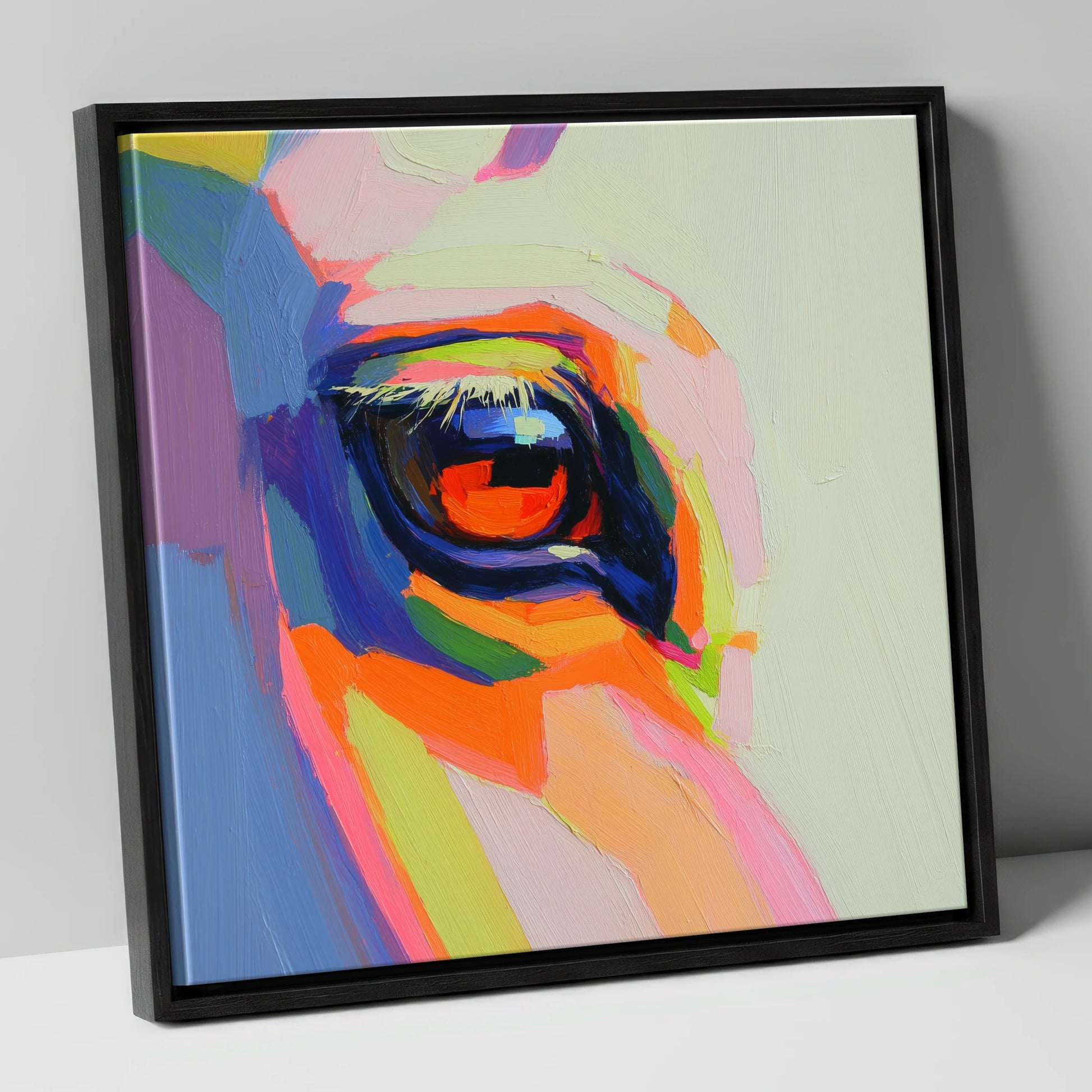 Vibrant Equine Gaze horse portrait canvas wall art in black frame