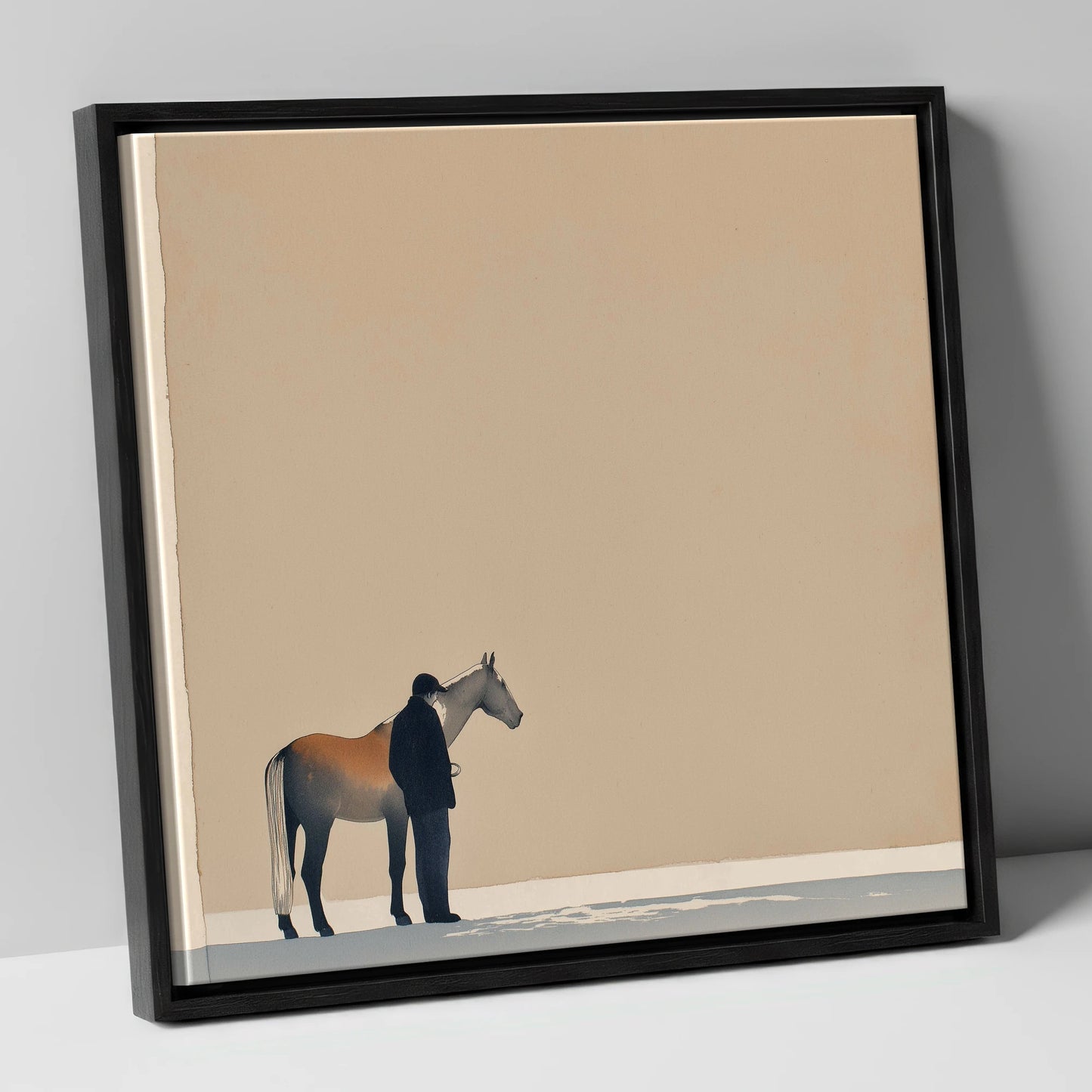Stillness Together horse & rider canvas wall art in black frame