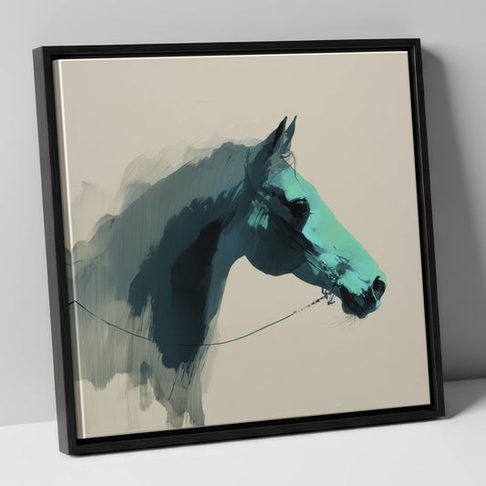 Teal Shadow Profile horse portrait canvas wall art in black frame