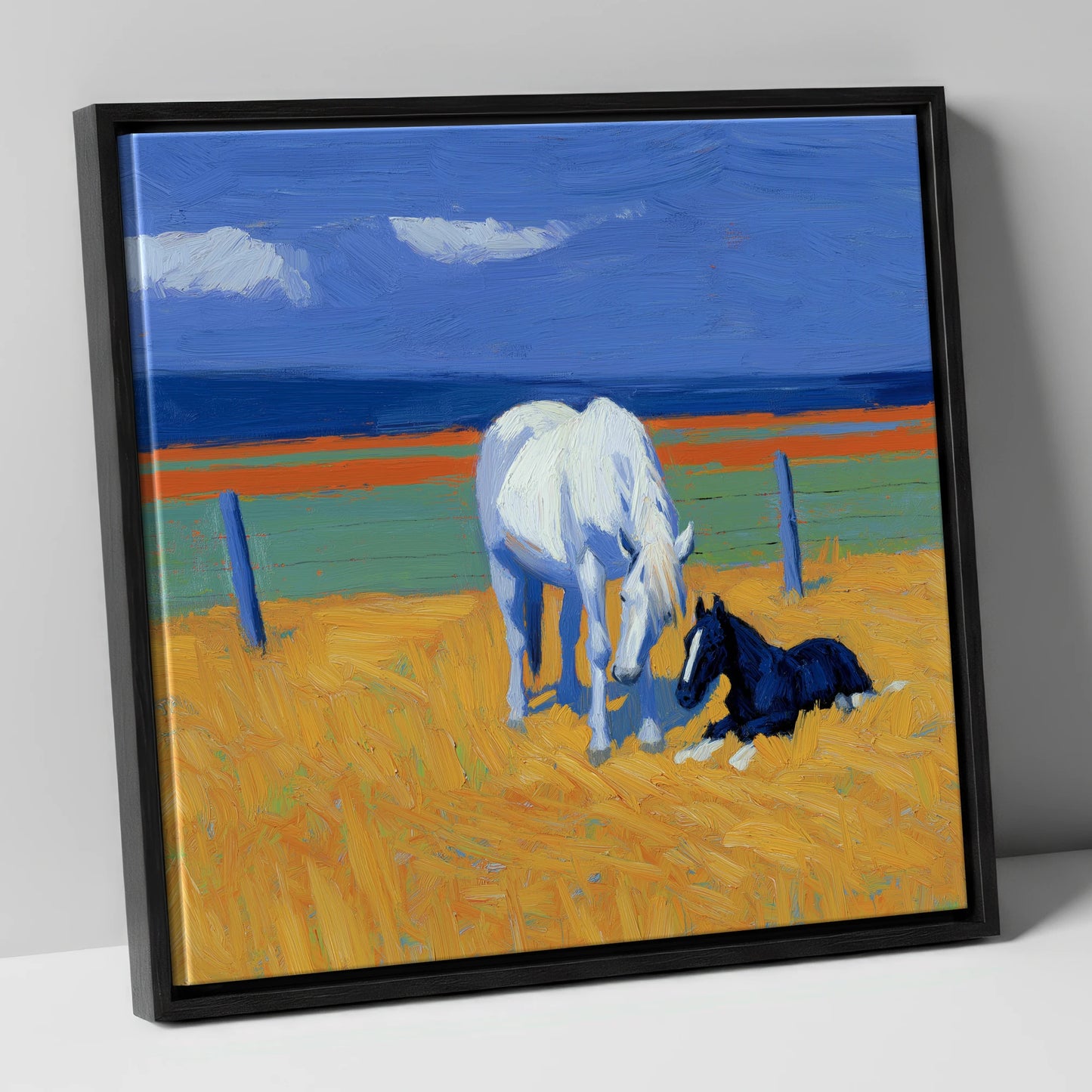 Sunlit Mare and Foal mare & foal canvas wall art in black frame