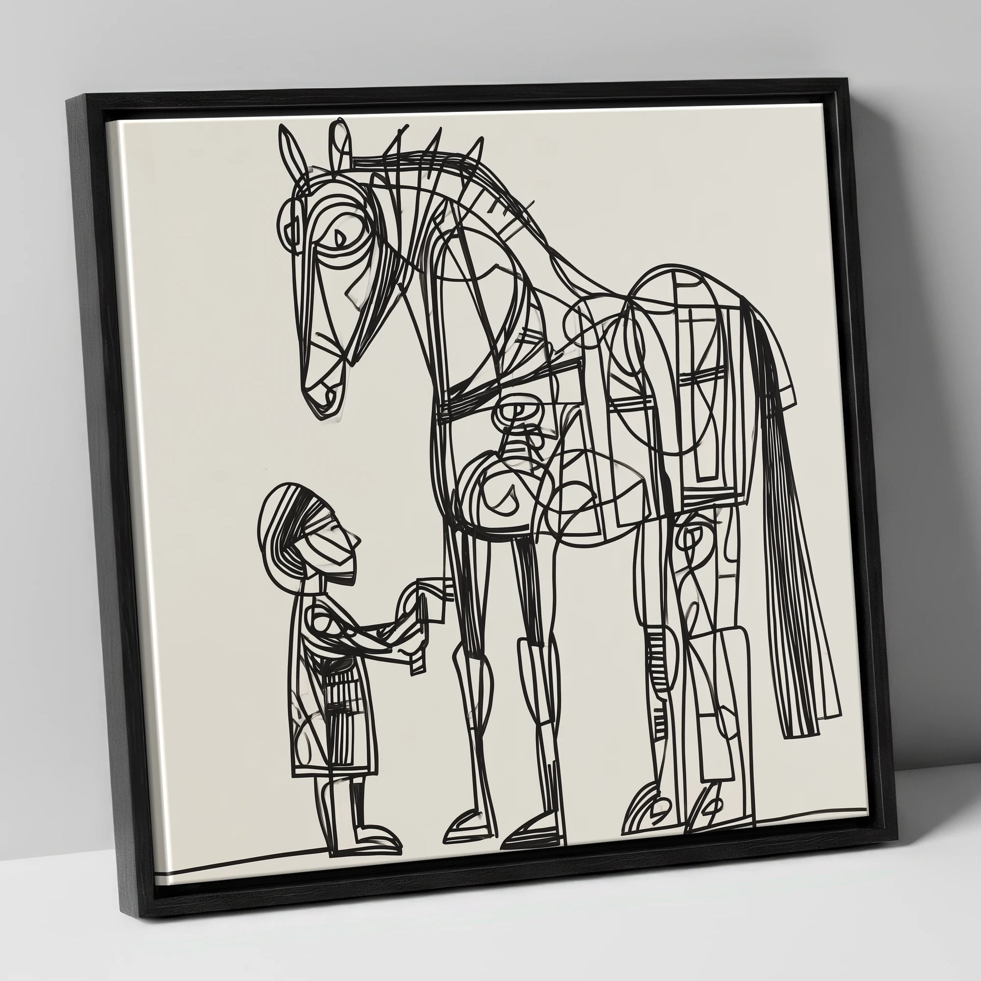 Linear Harmony horse & rider canvas wall art in black frame