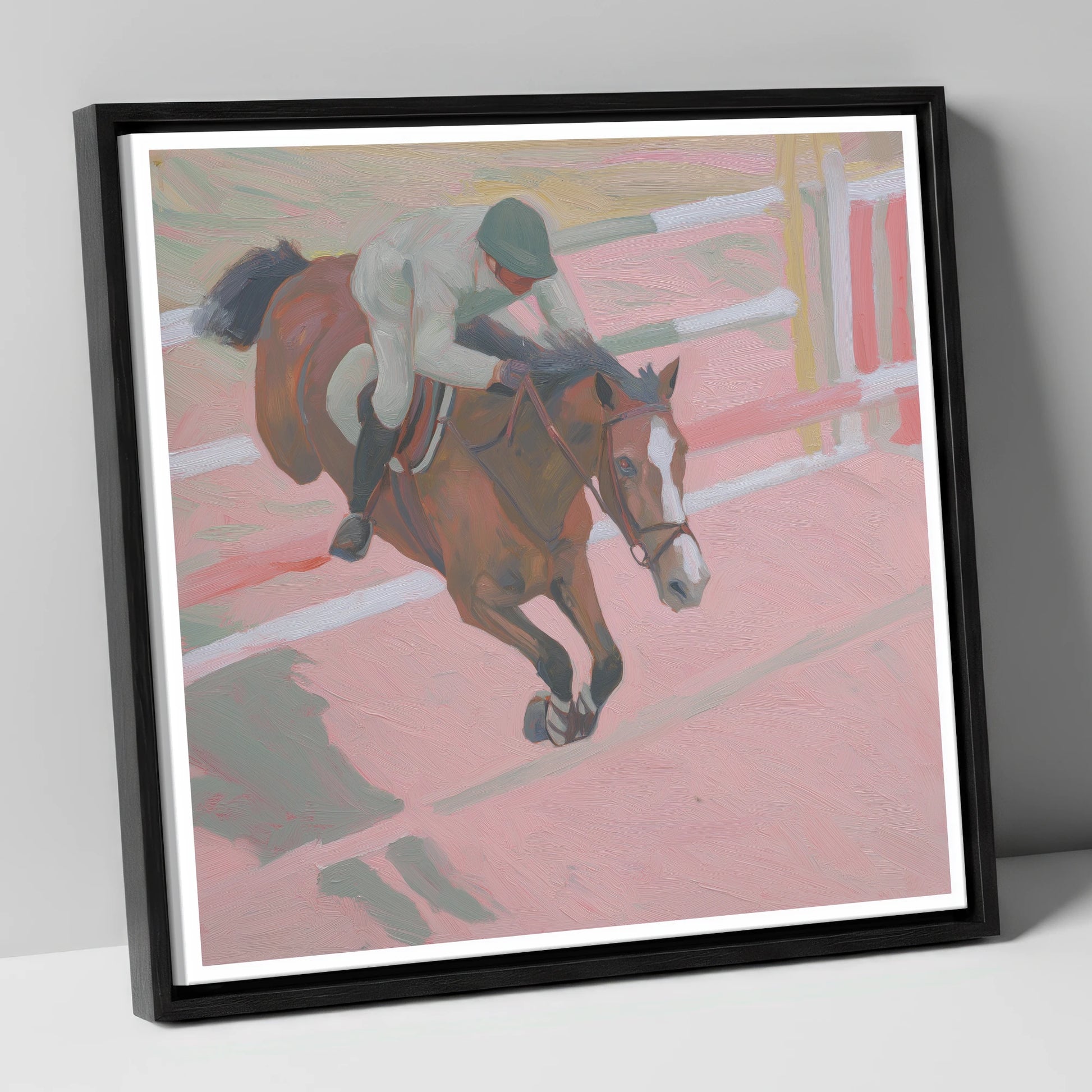 Suspended in Pink show jumping horse canvas wall art in black frame