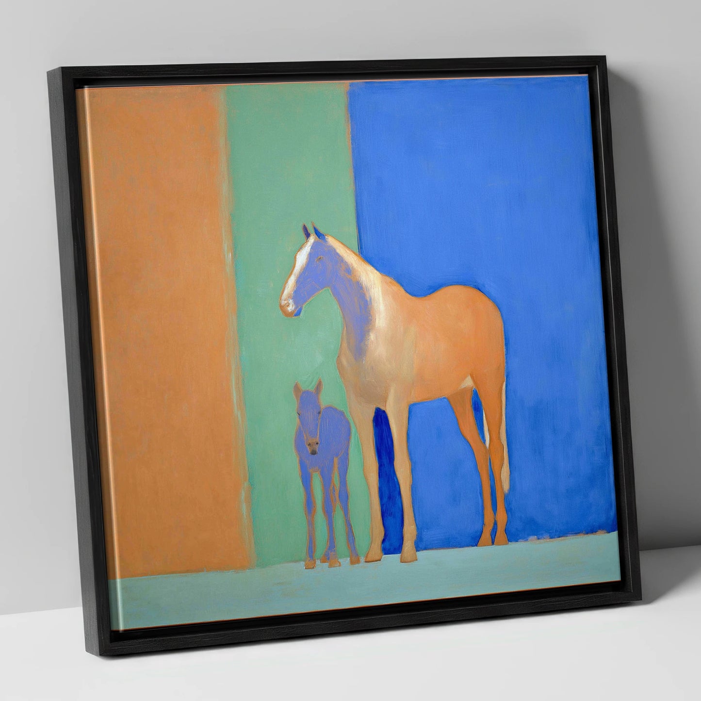 Cobalt and Sand mare & foal canvas wall art in black frame