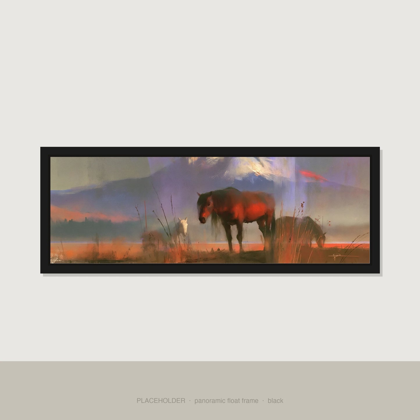 Violet Horizons Horse Landscape panoramic canvas wall art in black float frame