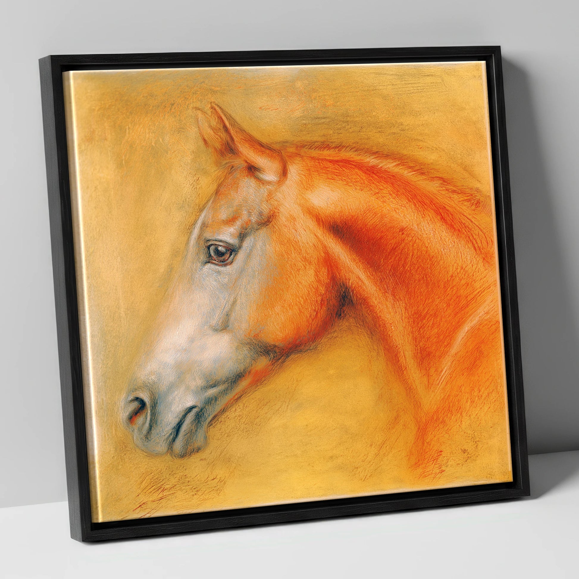 Radiant Chestnut Profile racing horse canvas wall art in black frame