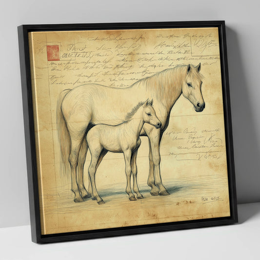 Heritage Equine Study mare & foal canvas wall art in black frame