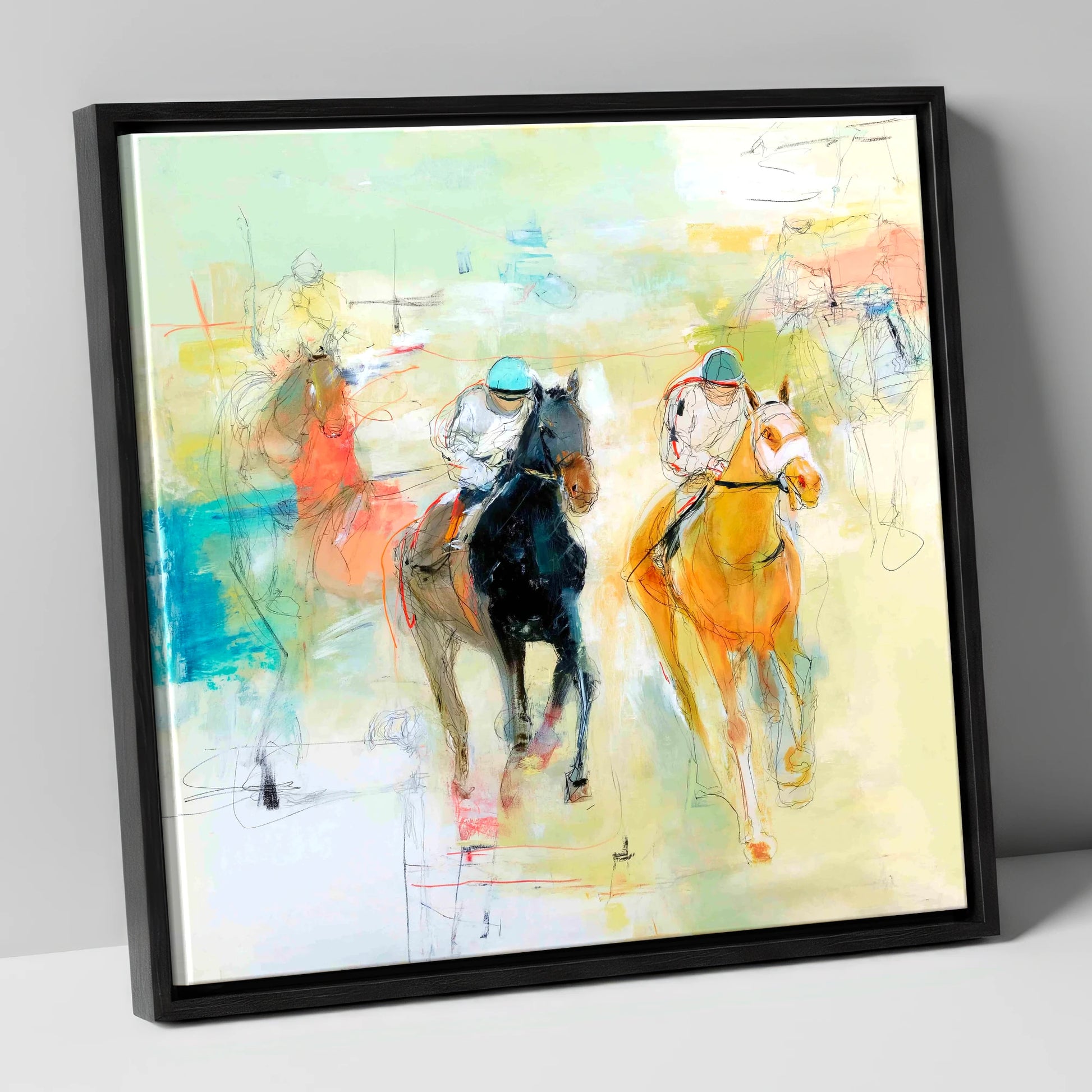 Thundering Strides racing horse canvas wall art in black frame