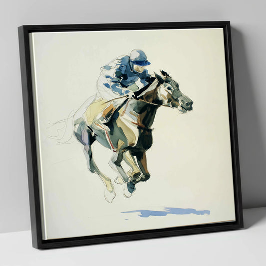 Cerulean Stride racing horse canvas wall art in black frame