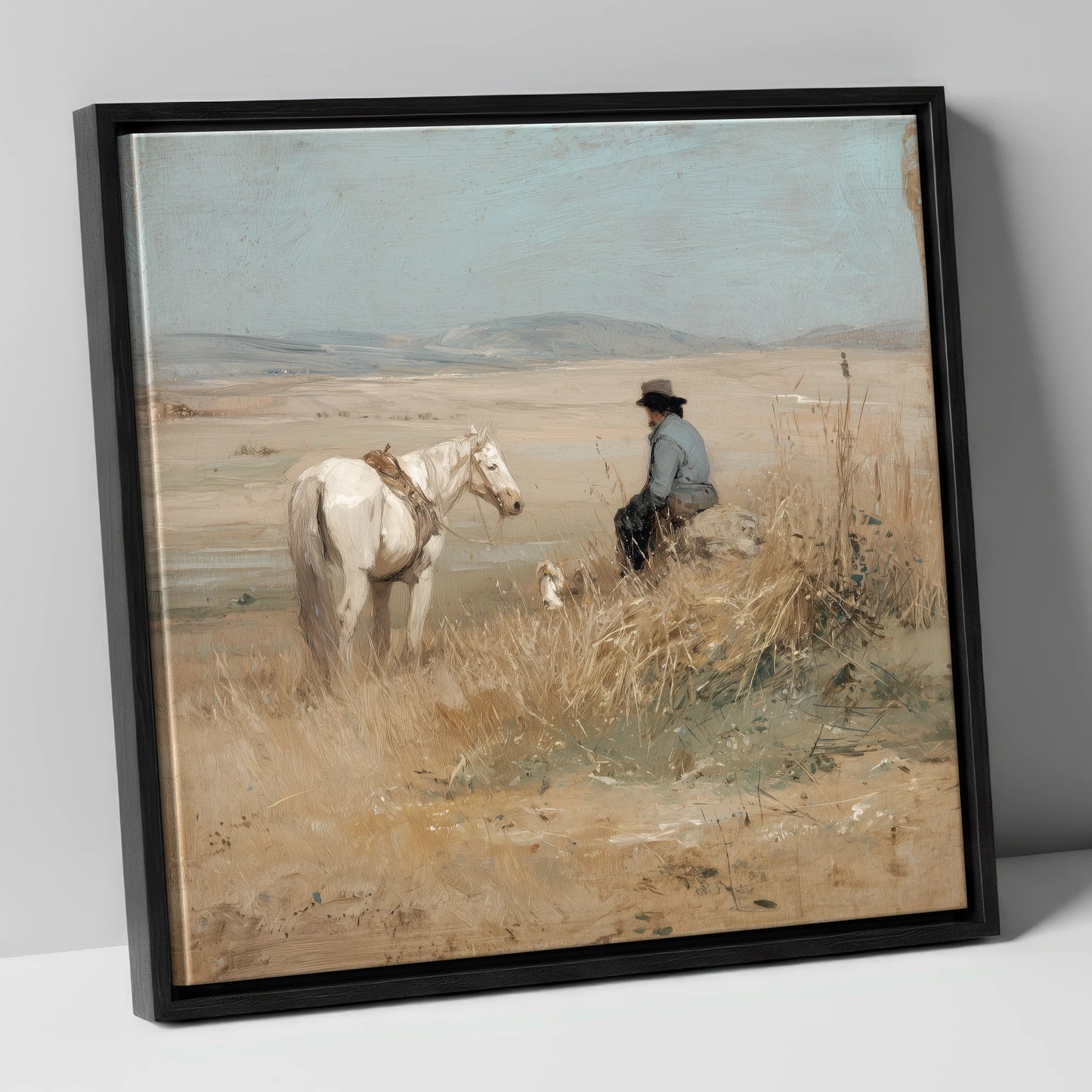 Vast Horizons horse & rider canvas wall art in black frame