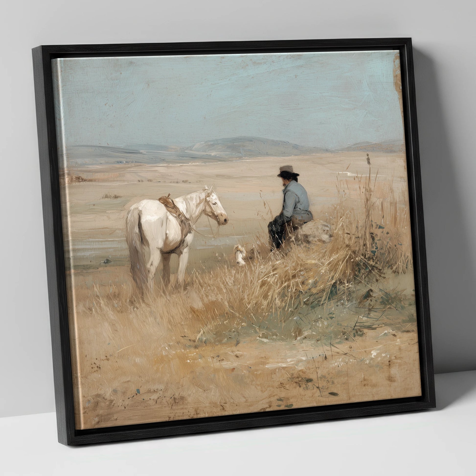Vast Horizons horse & rider canvas wall art in black frame