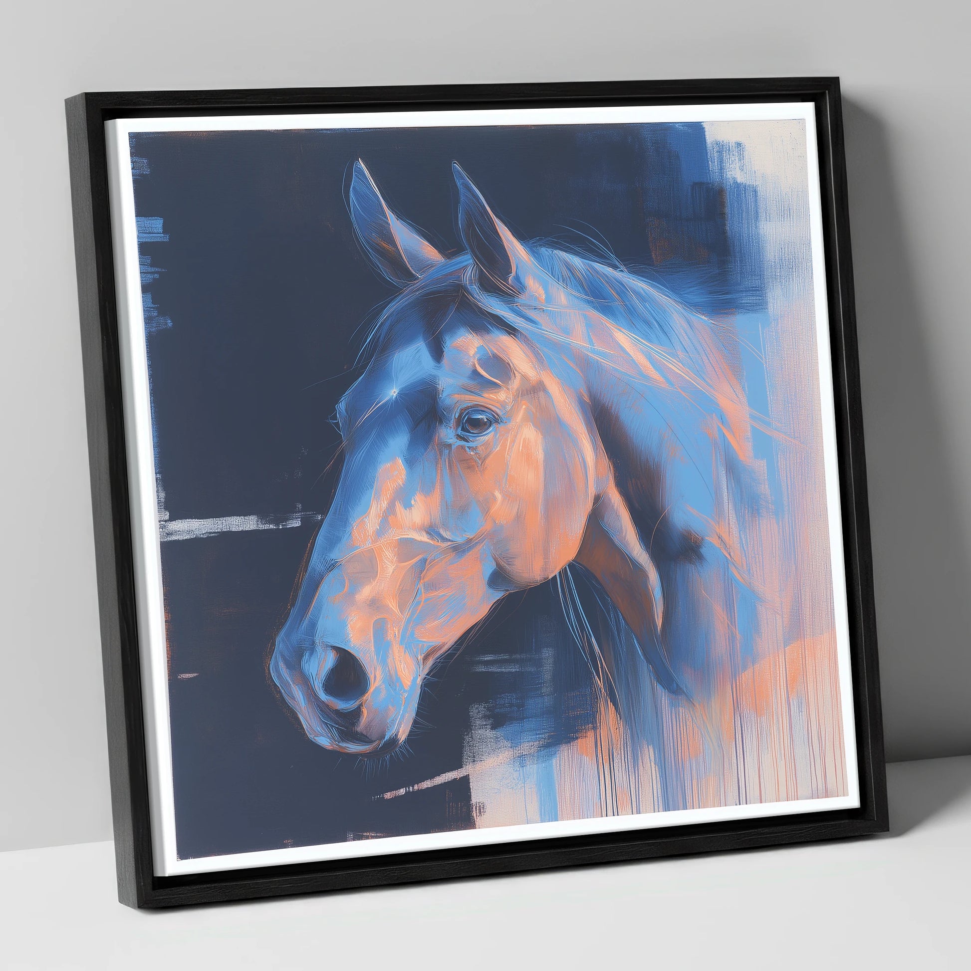 Cobalt and Copper Gaze horse portrait canvas wall art in black frame