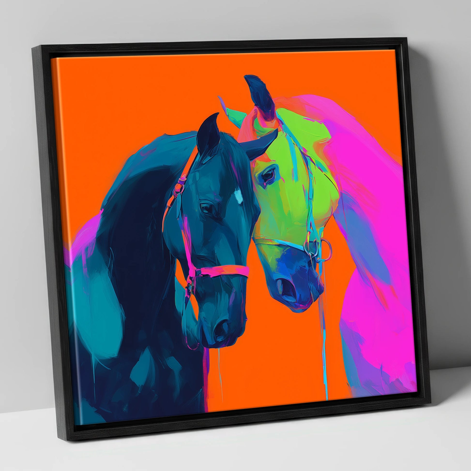 Electric Companions horse portrait canvas wall art in black frame