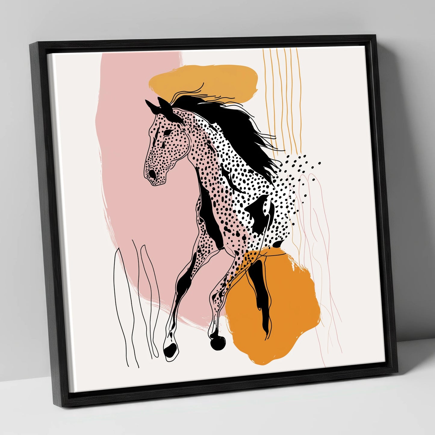 Contemporary Spotted Silhouette horse portrait canvas wall art in black frame