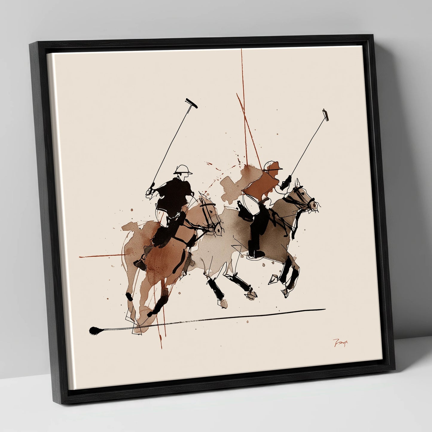 Midfield Charge polo horse canvas wall art in black frame
