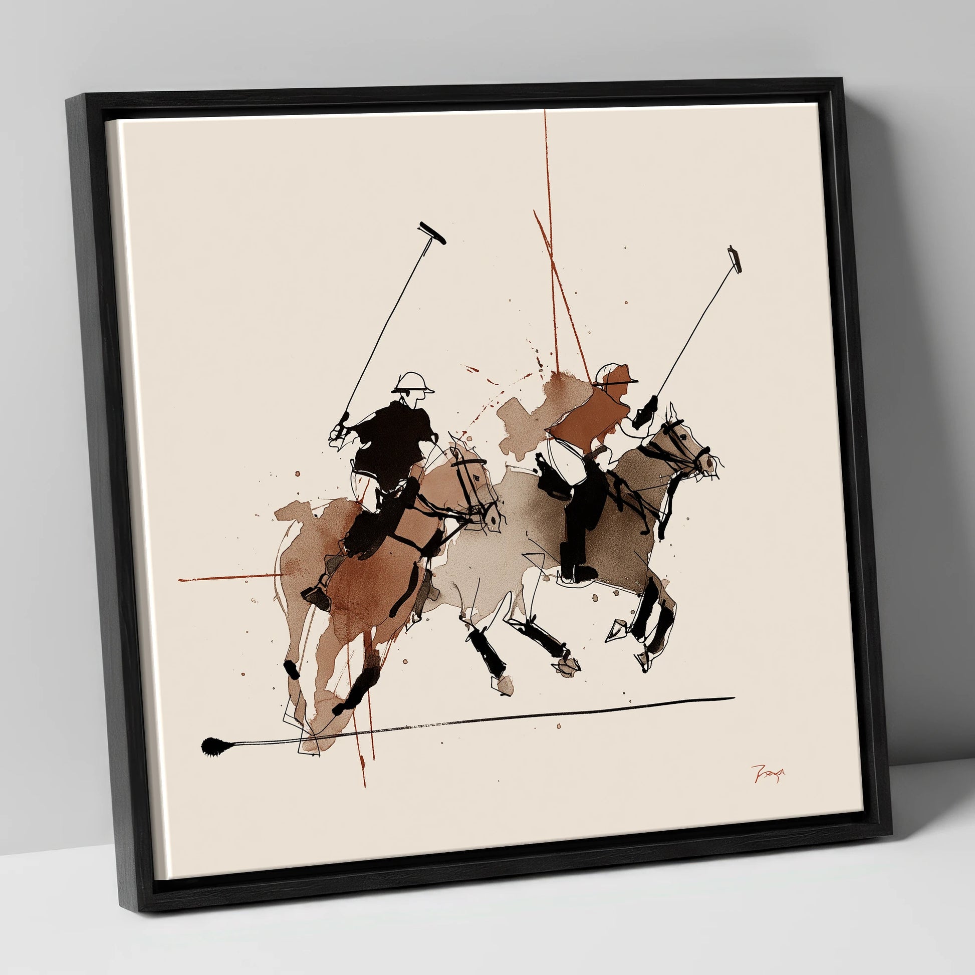 Midfield Charge polo horse canvas wall art in black frame