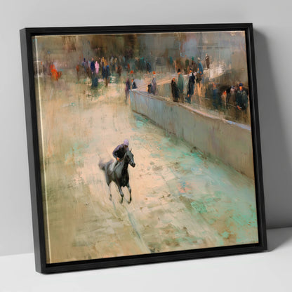 Echoes of the Track racing horse canvas wall art in black frame