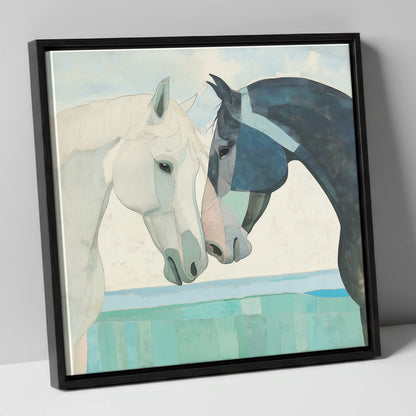 The Gentle Greeting horse portrait canvas wall art in black frame