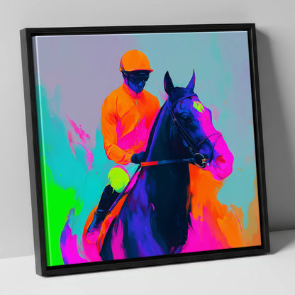Technicolour Sprint racing horse canvas wall art in black frame