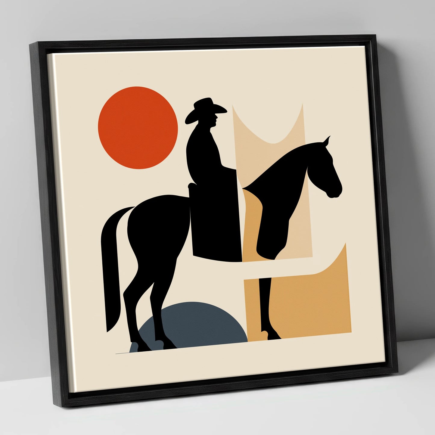 Abstract Western Silhouette western horse canvas wall art in black frame