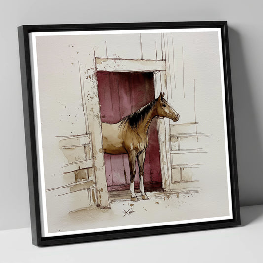 The Plum Doorway horse stable canvas wall art in black frame