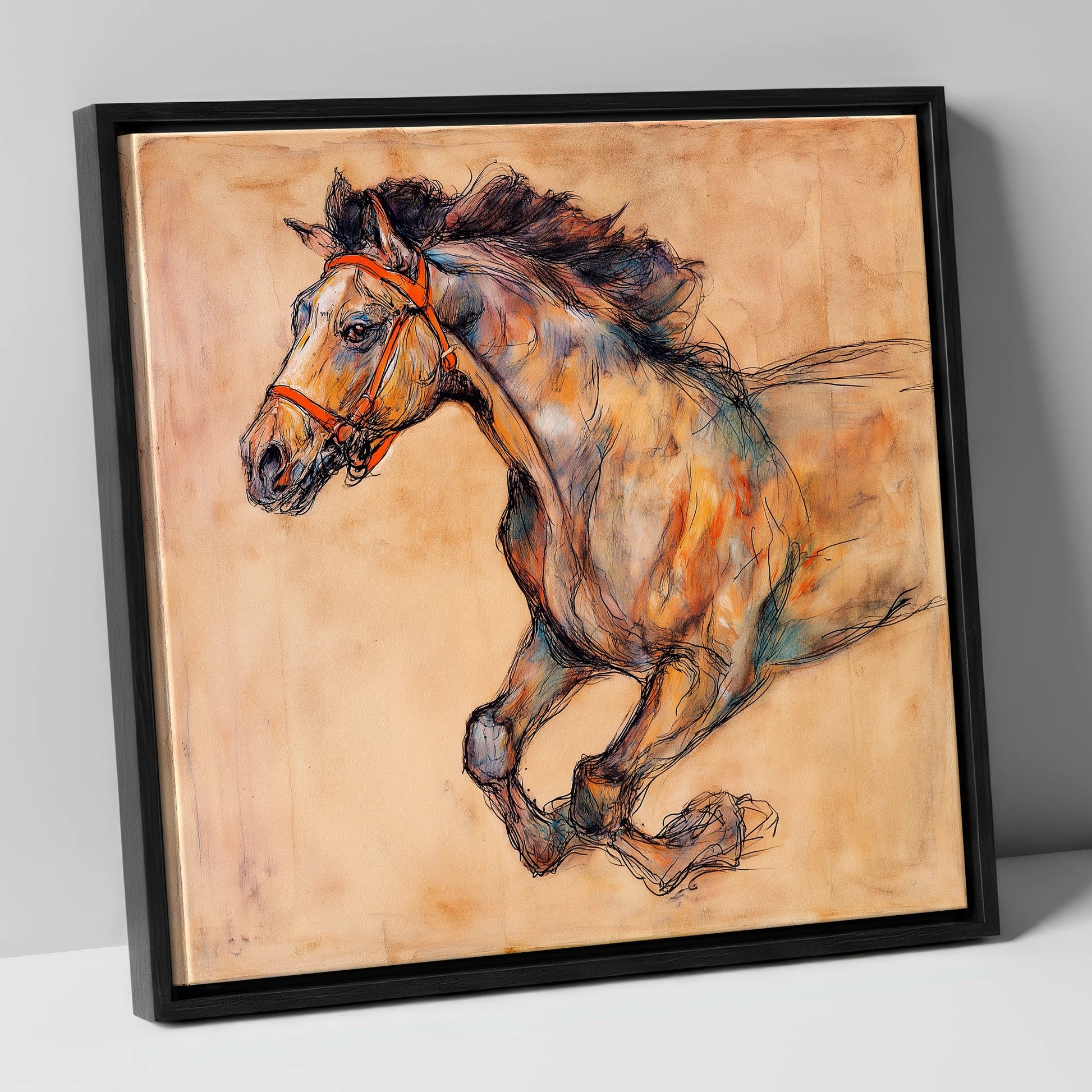 The Morning Gallop racing horse canvas wall art in black frame