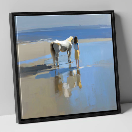 Reflections on the Shore horse & rider canvas wall art in black frame