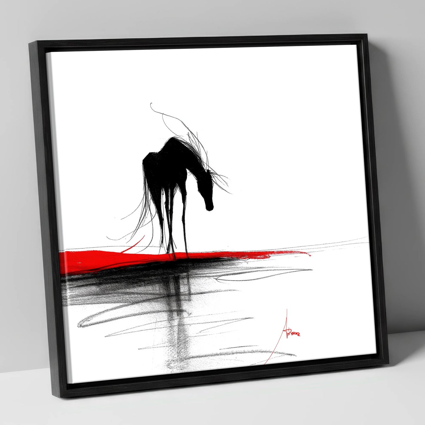 Crimson Horizon Silhouette horse portrait canvas wall art in black frame