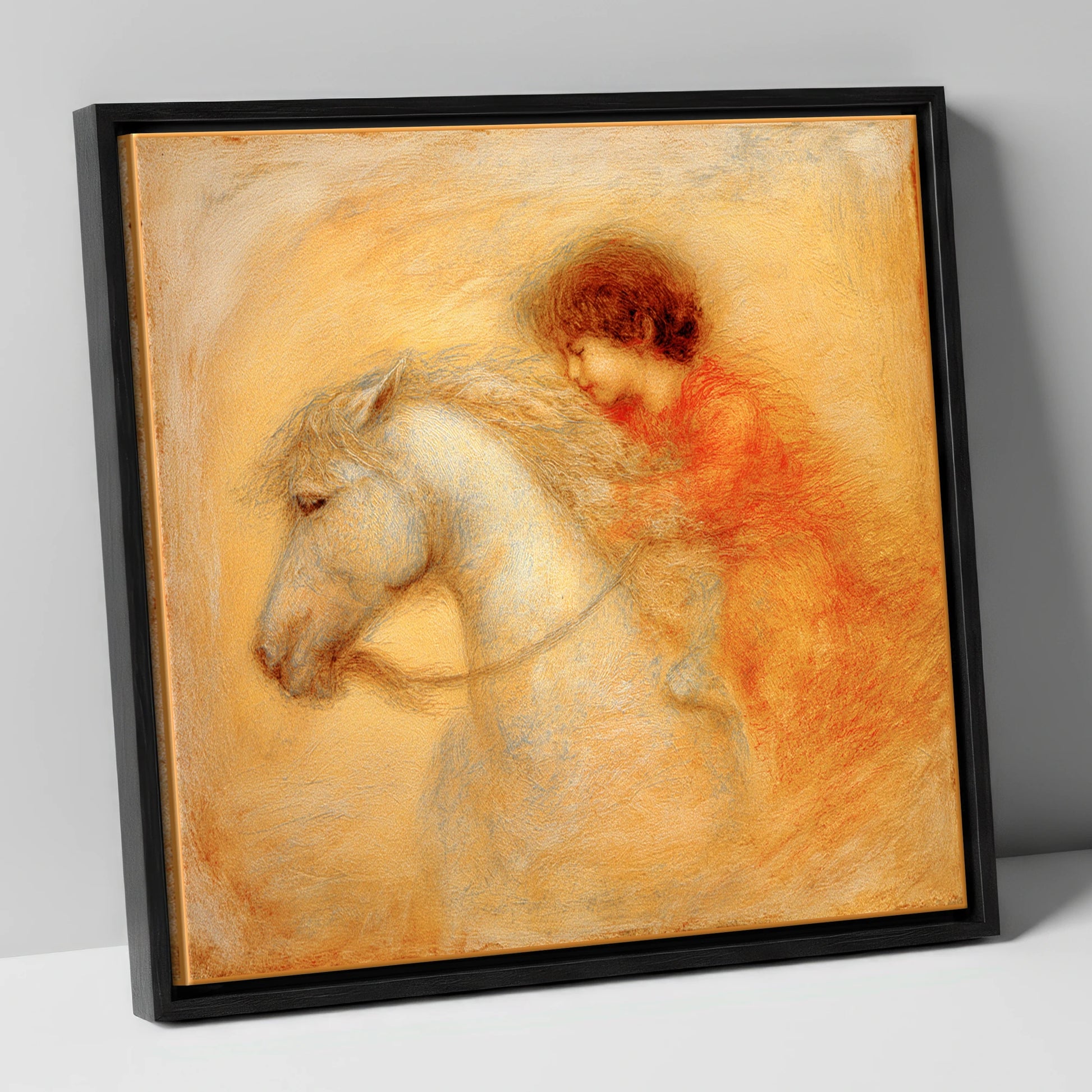 Golden Embrace horse & rider canvas wall art in black frame