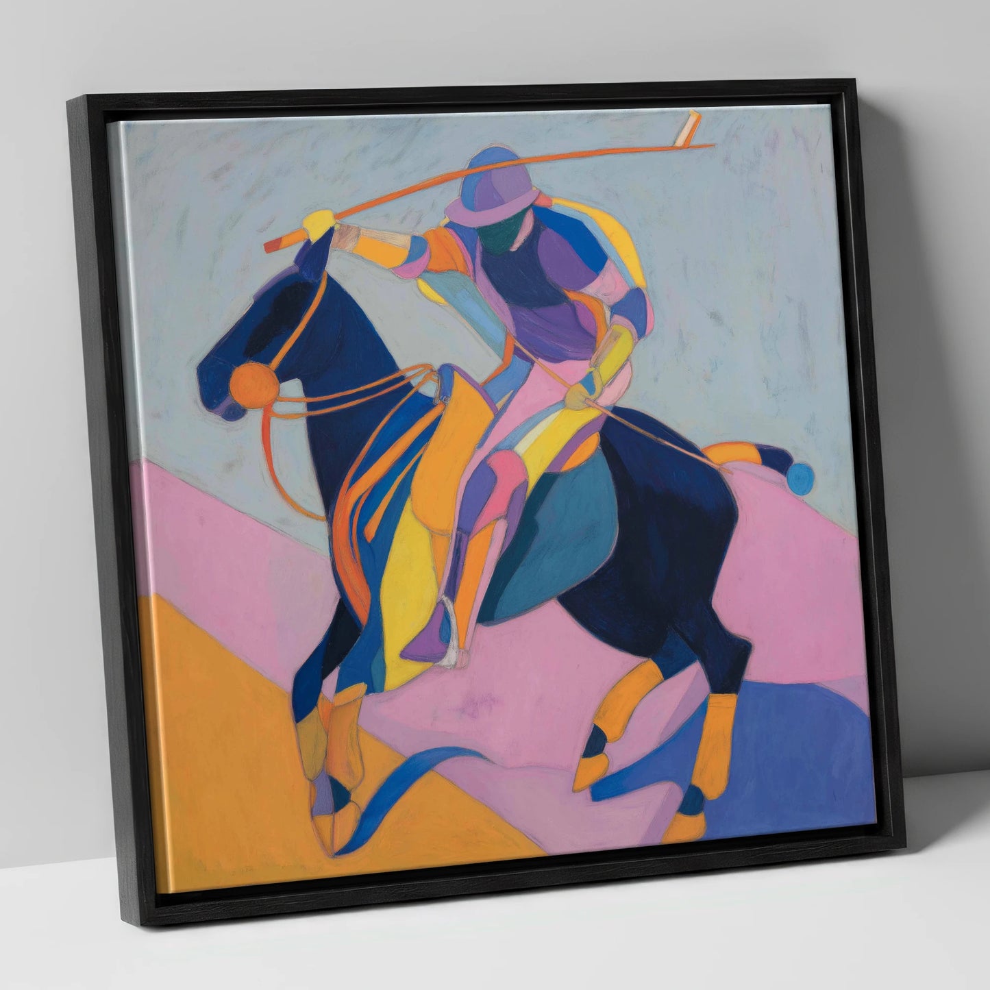 Vibrant Polo Strike polo horse canvas wall art in black frame