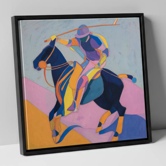 Vibrant Polo Strike polo horse canvas wall art in black frame