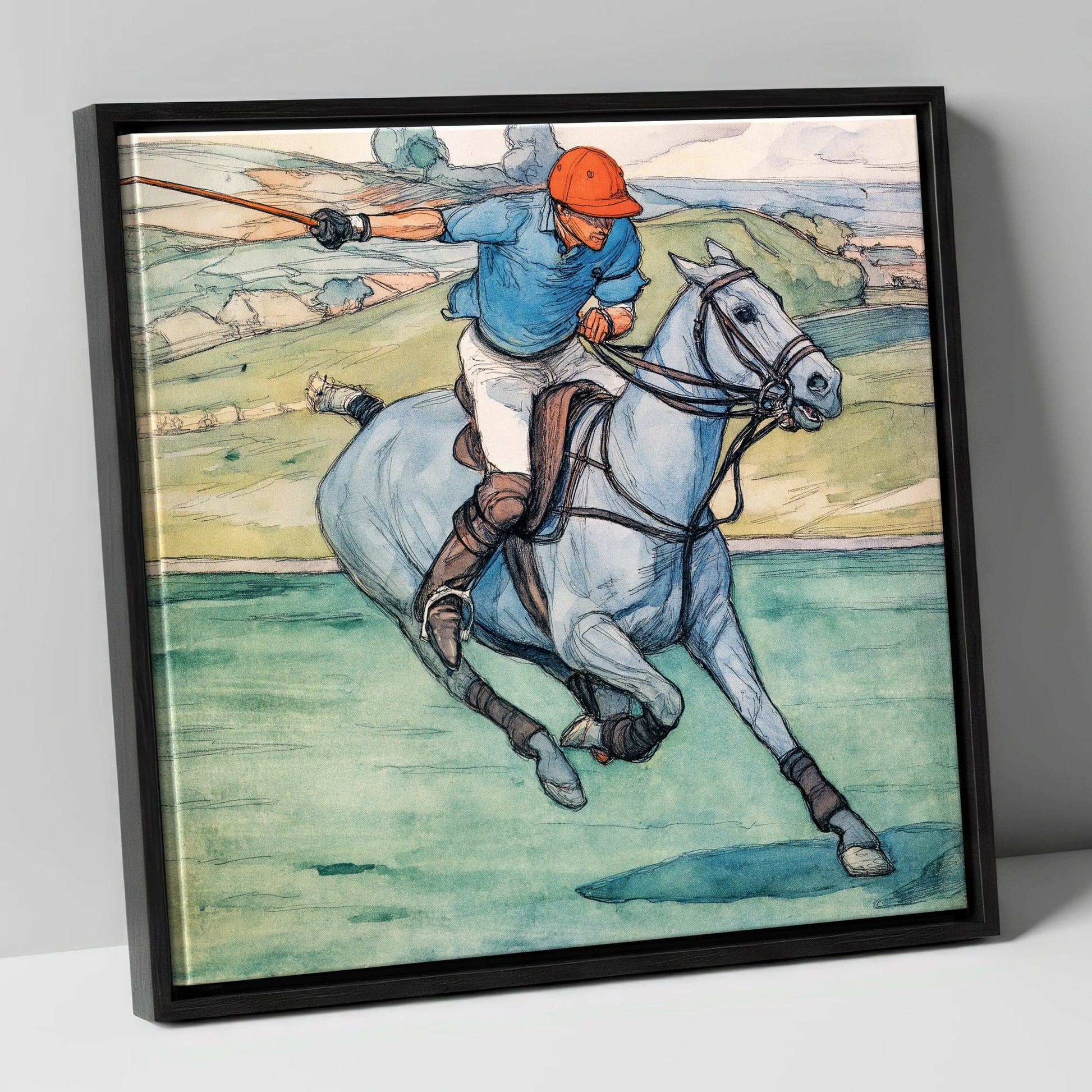 The Nearside Shot polo horse canvas wall art in black frame