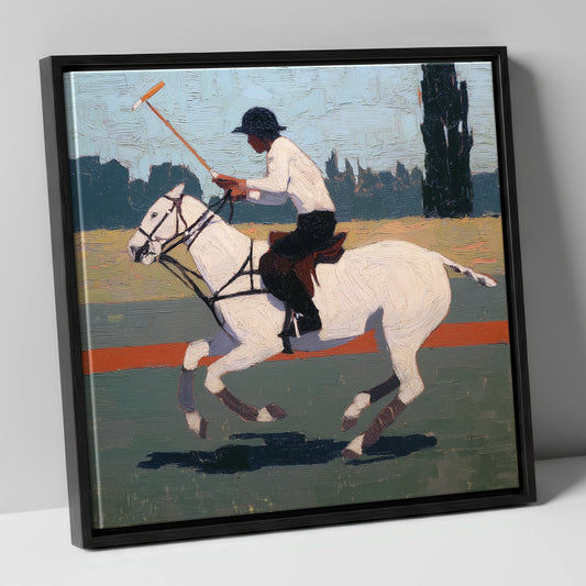 The Decisive Swing polo horse canvas wall art in black frame