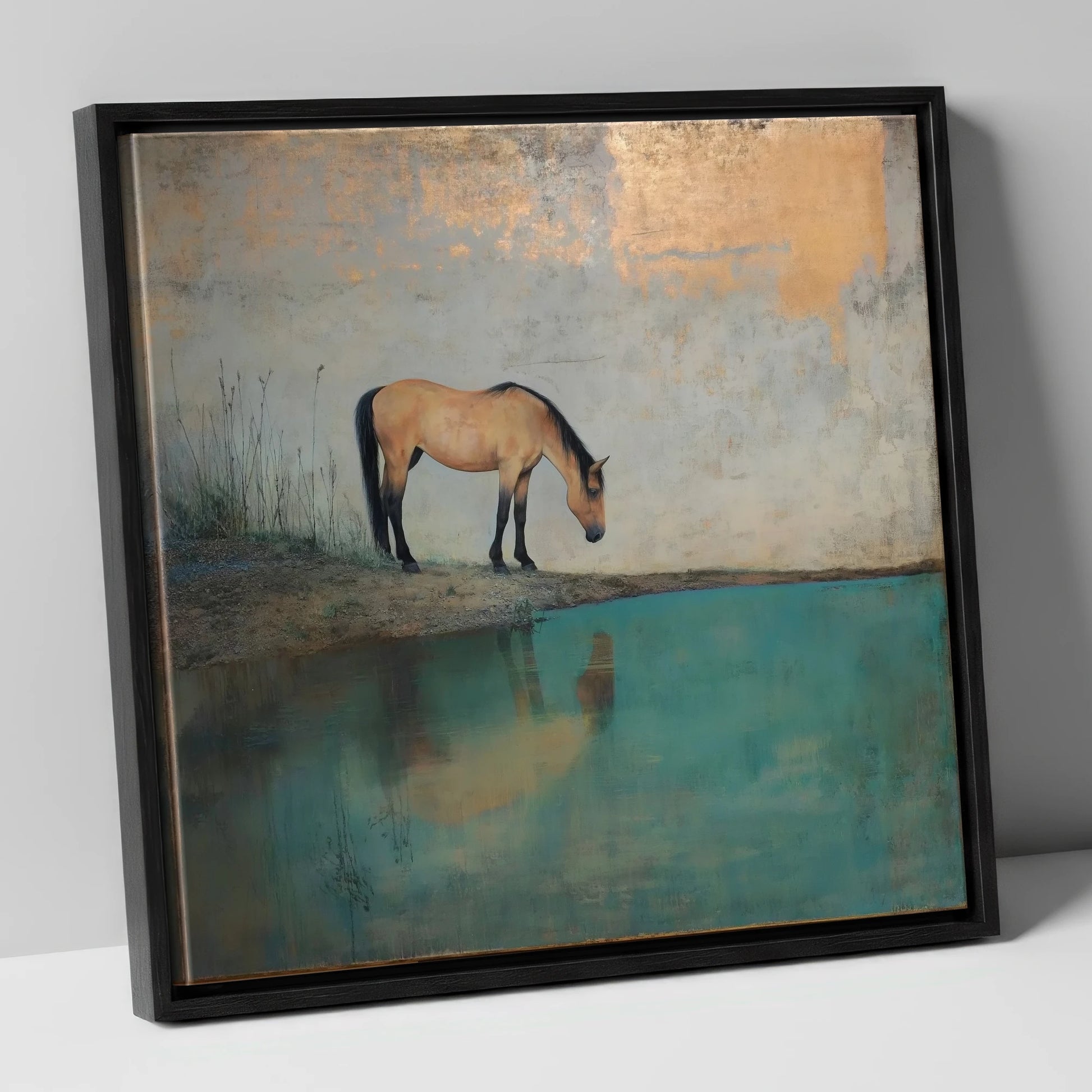 Gilded Reflection horse landscape canvas wall art in black frame