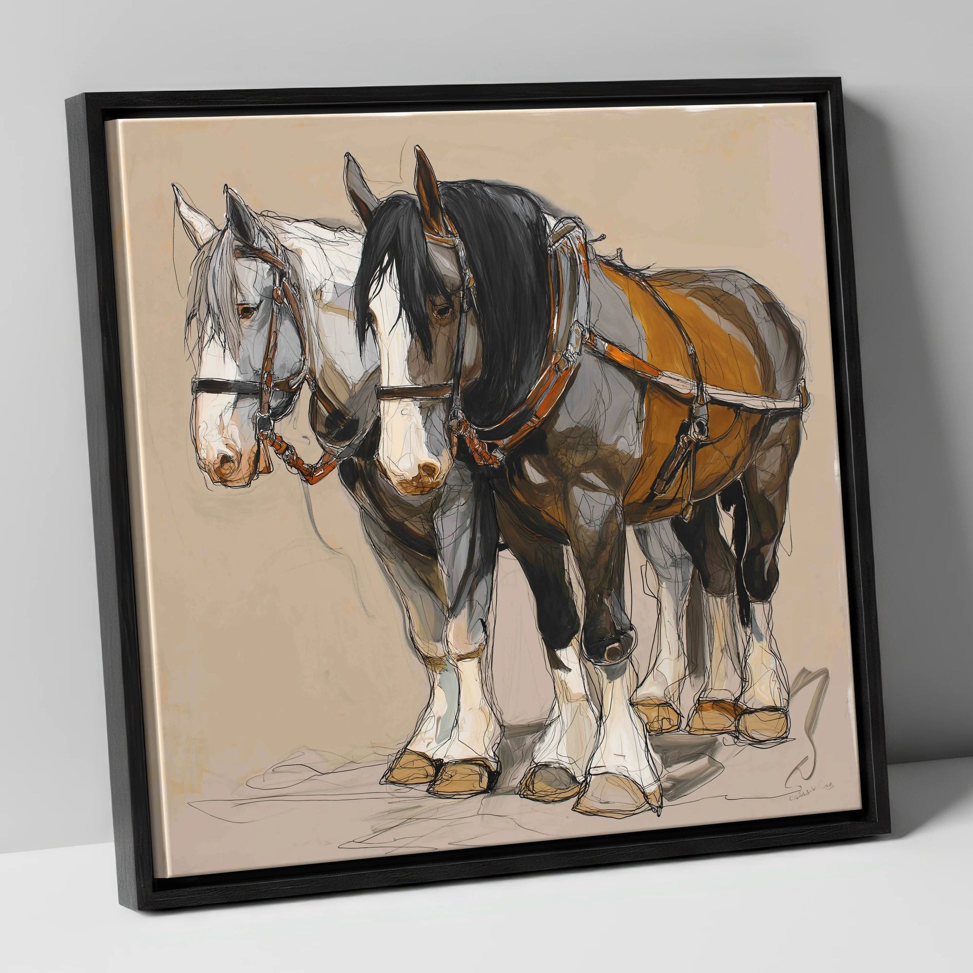 Gentle Giants in Harness horse breed canvas wall art in black frame