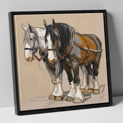 Gentle Giants in Harness horse breed canvas wall art in black frame