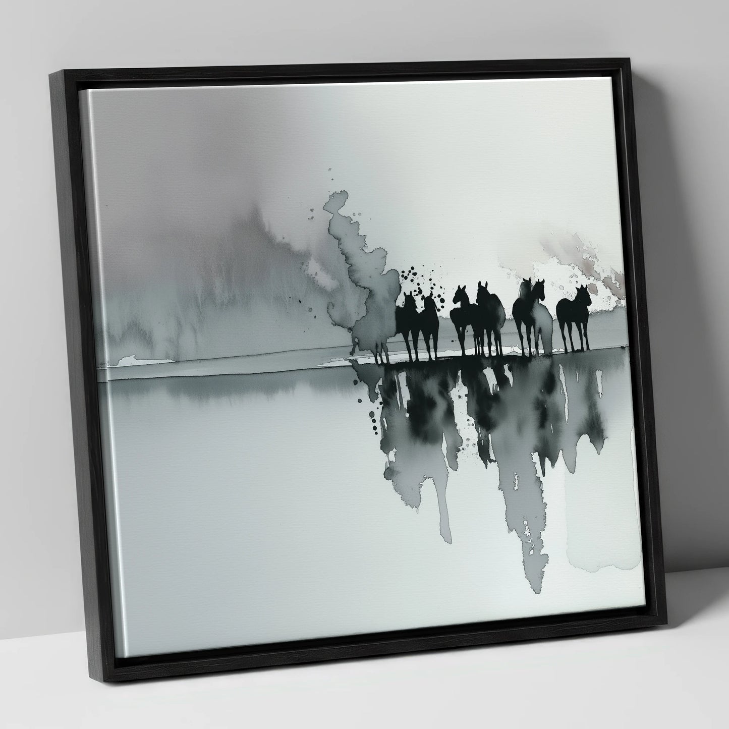 Monochrome Mist Herd wild horses canvas wall art in black frame