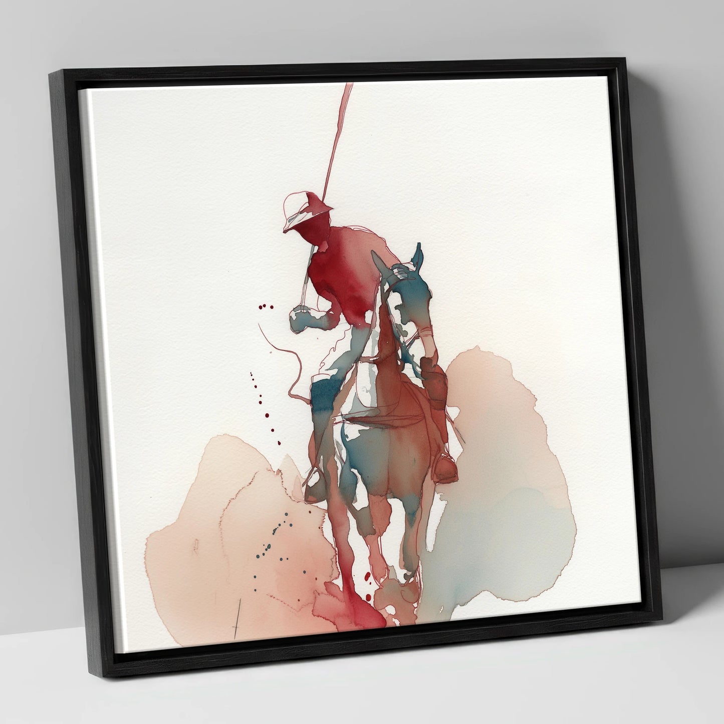 The Crimson Strike polo horse canvas wall art in black frame