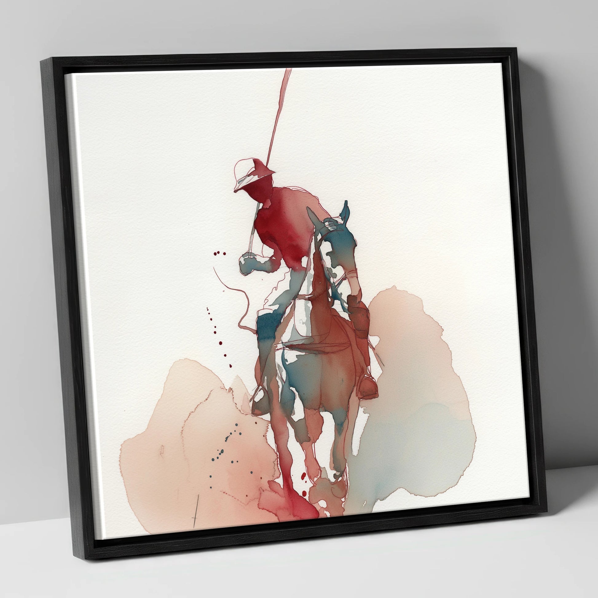 The Crimson Strike polo horse canvas wall art in black frame
