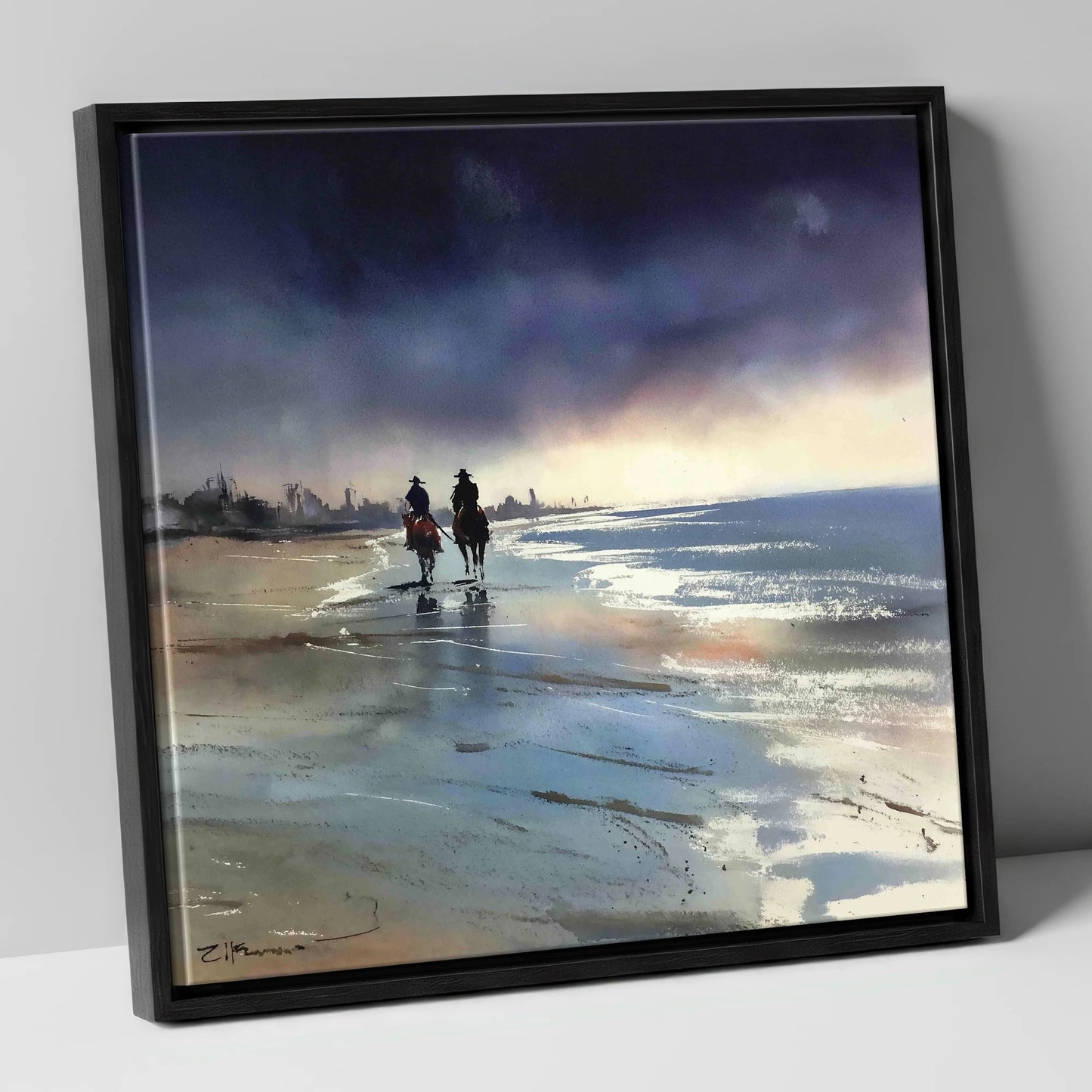 Shadows on the Shore horse landscape canvas wall art in black frame