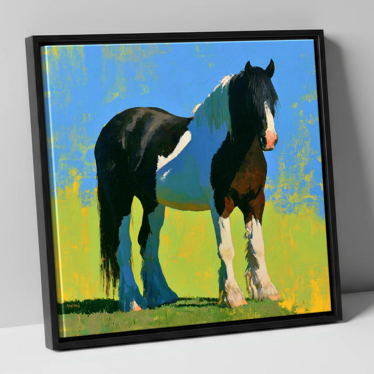 Piebald Cob in Summer Sun horse breed canvas wall art in black frame